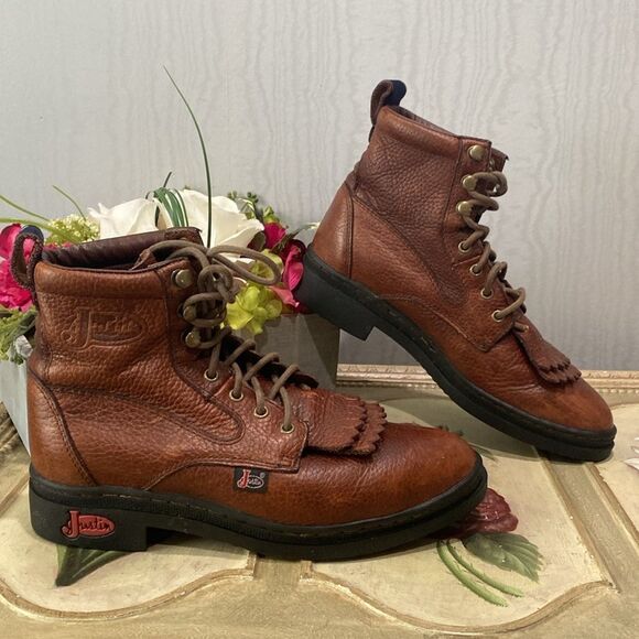 Rare Justin George Strait Brown Leather Doug Kiltie Western Cowgirl Boots Sz 7 - Picture 1 of 14